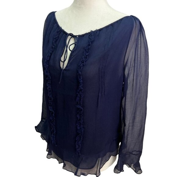 DIANE von FURSTENBURG Navy Peasant Long Sleeve Sheer Blouse Size S - Picture 3 of 8